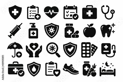 Medical and health icons set including heart, stethoscope, syringe, medicine, and dental symbols
