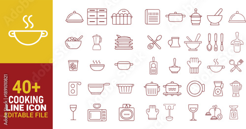 Collection of diverse cooking and kitchen related line icons in a grid pattern design