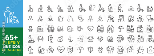 A collection of simple line icons depicting people accessibility and age related symbols
