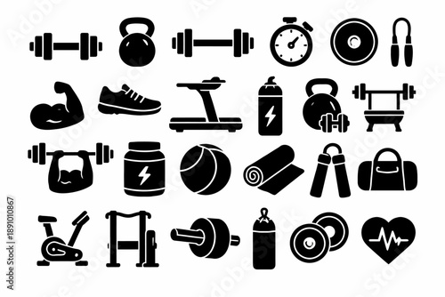 Fitness icons collection: dumbbells, treadmill, kettlebell, stopwatch, yoga mat, jump rope
