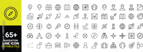 Collection of sixty five plus minimalist navigation and editing line icons in black and white