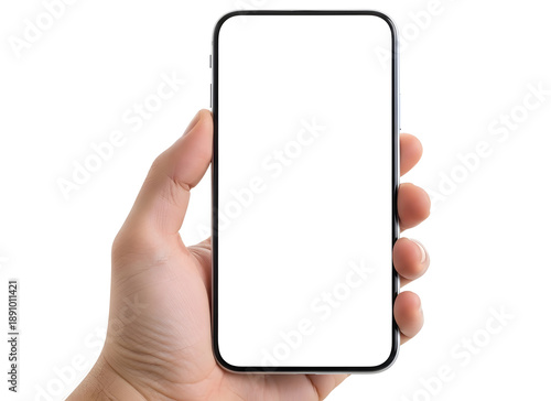Hand holding modern smartphone with blank white screen,