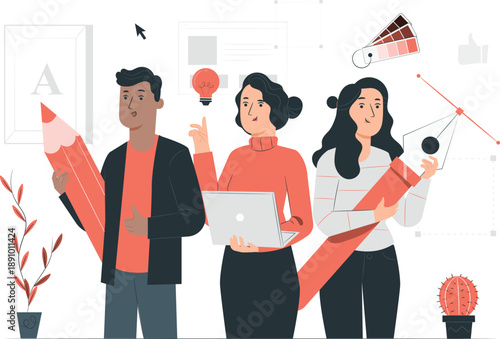 Three professionals collaborating with laptops and oversized stationery in a creative workspace environment from a straightforward viewpoint