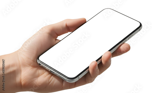 Hand holding modern smartphone with blank white screen, Smartphone screen.