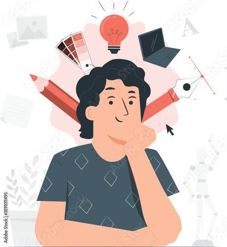 Young man contemplating creative ideas with art supplies and technology around him in a thoughtful pose