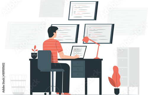 A man sits at his desk with multiple computer monitors displaying code, surrounded by office supplies in a modern workspace viewed from behind.