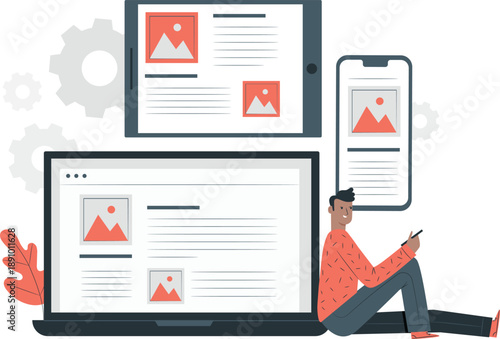 A person sitting with a laptop and mobile device displaying graphic design software and image editing tools.