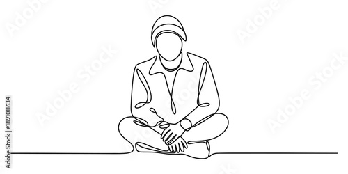 Continuous line art of a person sitting cross-legged in a relaxed posture Vector, illustration
