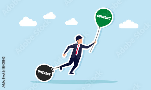 Businessman holding conflict balloon while trapped by interest weight illustrating corporate conflict of interest