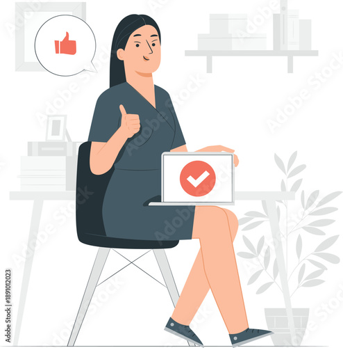 Woman sitting in office chair giving thumbs up while holding laptop with approval checkmark on screen