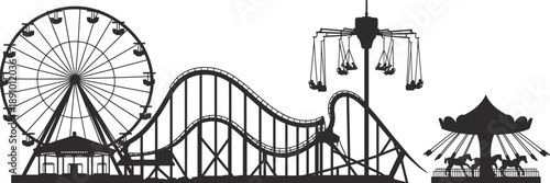 Amusement, park, silhouette, ferris, wheel, roller, coaster, carousel, rides, entertainment, funfair, leisure, attraction, festival, tourism, recreation, vector, background