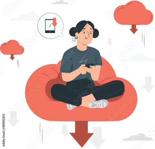 Woman sitting on a cloud, using a device with a thought bubble, surrounded by rain clouds and downward arrows.