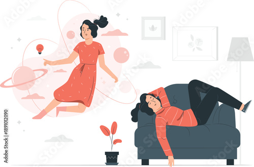 Woman levitating above a couch where another woman is lying, an illustration of a surreal scene in a modern living room from a front viewpoint