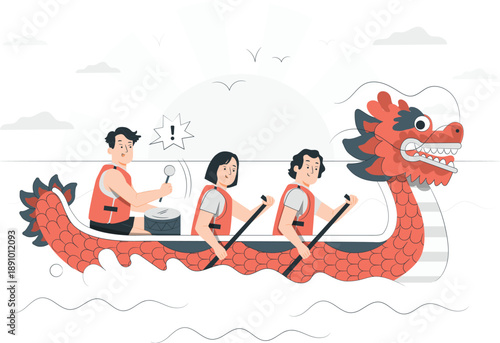 Three people paddling a dragon boat on calm waters with a serene landscape in the background from a distant viewpoint