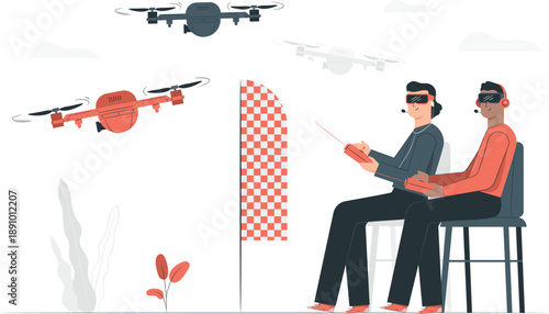 Two men controlling drones with virtual reality headsets while sitting on stools beside a checkered flag