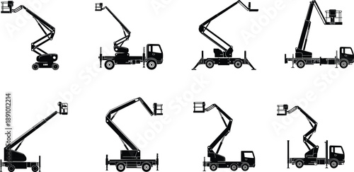 Aerial work platform silhouettes, boom lift trucks, hydraulic lifting equipment, construction machinery, industrial vehicles, maintenance access