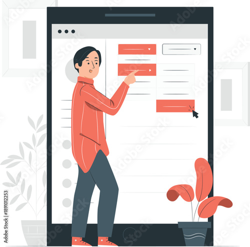 A person interacts with a large digital interface on a mobile device with plants nearby