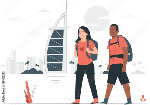 Couple with backpacks walking towards the Burj Al Arab in Dubai, a vibrant cityscape with modern architecture in the background