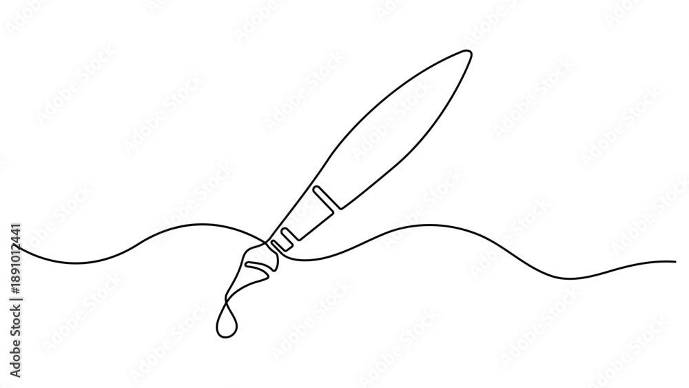 Fototapeta premium Paint brush in one continuous line art illustration, Single line art paint brush. Continuous line drawing of a paintbrush creating a flowing. wavy stroke, symbolizing creativity. Vector illustration