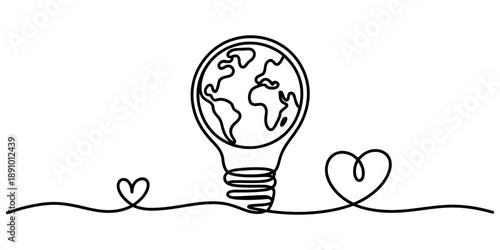 A continuous line drawing illustrating an eco-friendly idea with a light bulb globe and hearts Vector, illustration