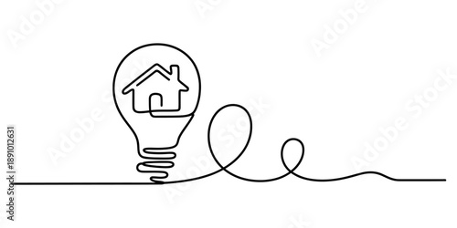 A creative single continuous line drawing of a light bulb and a house inside, symbolizing home innovation Vector, illustration