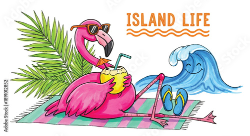 Funny Pink Flamingo Relaxing on Beach Towel Illustration, Summer Island Life Vector with Coconut Cocktail Sunglasses and Smiling Ocean Wave Art