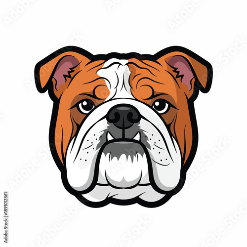 A cartoon bulldog's head with orange, white, and black coloring