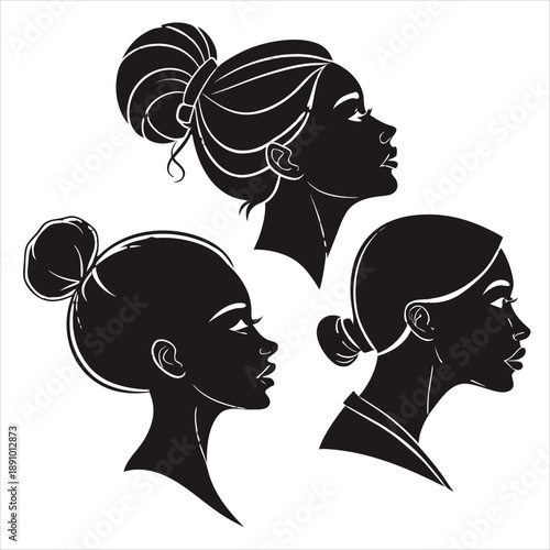 Elegant African Female Silhouette Profiles, Black Woman Side View Portraits with Stylish Hair Vector Illustration
