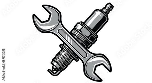 Automotive Repair Logo with Crossed Wrench and Spark Plug, Monochrome Vector Illustration for Garage or Mechanic Service
