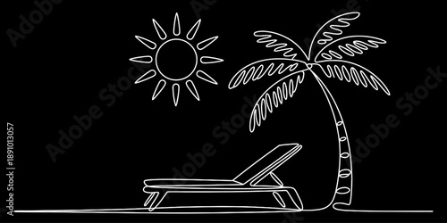 Continuous line drawing of a relaxing beach scene with a palm tree and lounge chair Vector, illustration