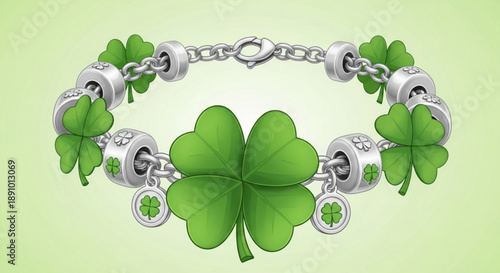 Lucky four leaf clover silver charm bracelet with green shamrocks on a light green background symbolizing good fortune and st patrick's day