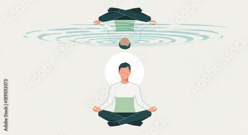Man meditating in lotus position with reflection in water symbolizing inner peace and mindfulness