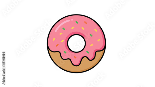 A colorful cartoon donut with pink frosting and sprinkles on top