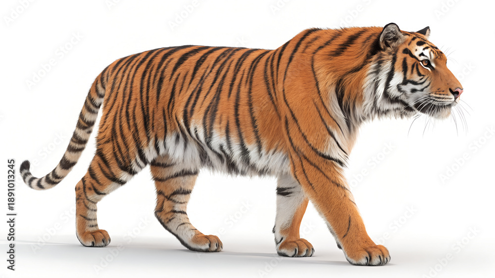 Obraz premium Bengal tiger isolated on a white background in the jungle with stripes and fur visible