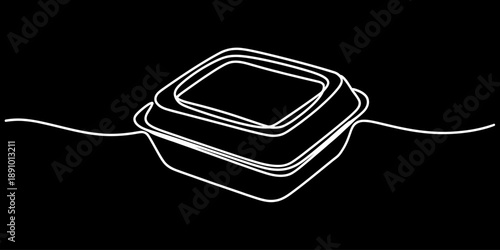 Minimalist continuous line drawing depicting a square takeout food container with a lid Vector, illustration