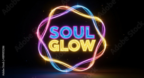 Vibrant neon sign with 'soul glow' text surrounded by colorful glowing lines on black background
