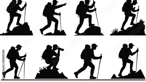 A collection of hikers climbing mountains in various poses and stances