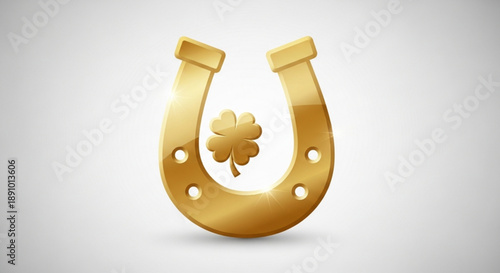 Golden horseshoe with four leaf clover symbolizing good luck and fortune on white background