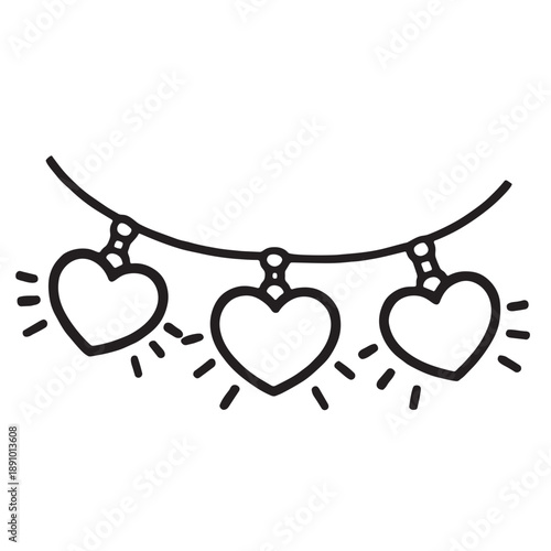 Heart garland line art, three hanging hearts, festive romantic decoration, joyful celebration