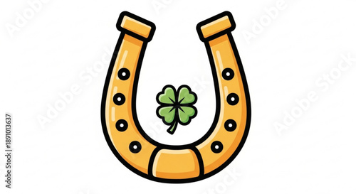 Golden horseshoe with four leaf clover symbolizing good luck and fortune on white background