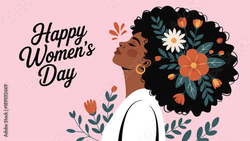 Happy women’s day illustration featuring confident woman with floral hair celebrating female empowerment, equality, diversity and international women’s day on march 8