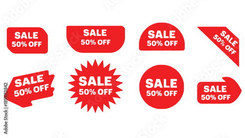 A collection of red sale stickers on a white background