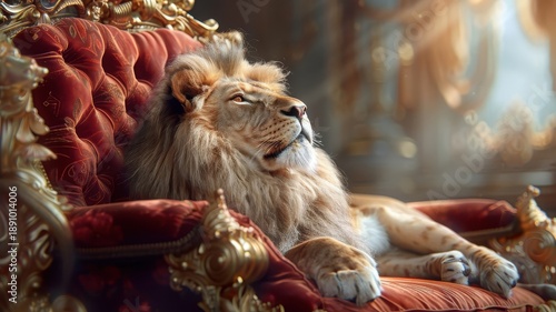 Photorealistic lion with gold-highlighted fur lounges on a velvet throne.