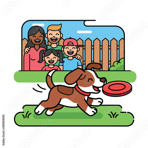 A cartoon family watches a dog catching a frisbee