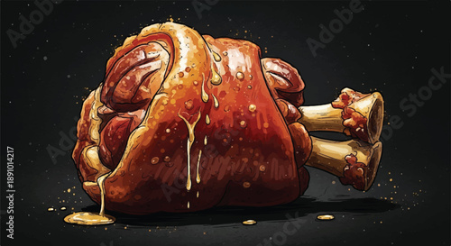 Roasted Pork Knuckle Schweinshaxe Illustration, Crispy Ham Hock with Honey Glaze on Dark Cinematic Background, Comic Art