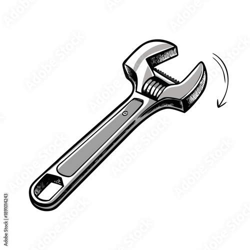 A professional set of metal hand tools including an adjustable wrench, steel spanner, and chrome hammer isolated on white for construction, repair, and mechanic service equipment