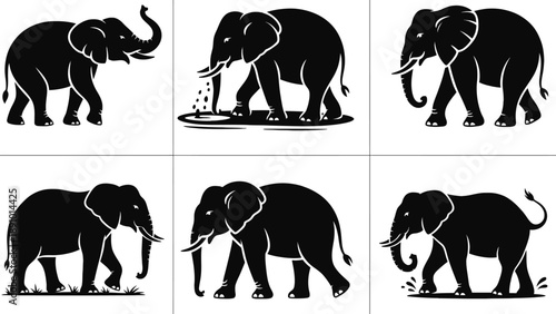 A collection of black elephant silhouettes in various poses and movements