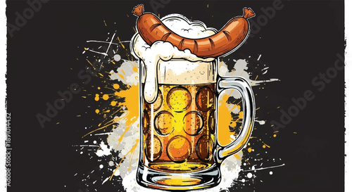 Oktoberfest Beer Mug with Foamy Head and Grilled Bratwurst Sausage, German Lager Illustration in Comic Style with Dynamic Splatter on Black Background