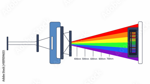 Diagram of a prism dispersing white light into a spectrum of colors on a screen with a lens and aperture in a scientific setting.