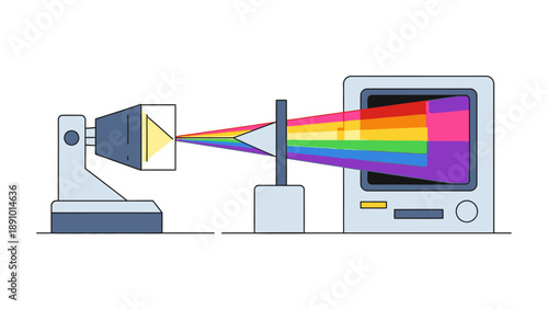 A simple diagram showing a prism refracting light through a slit onto a computer monitor screen with a colorful spectrum display.